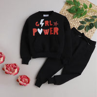 Girls Full Sleeves Girls Power Printed Warm Fleece Jacket & Joggers - Black