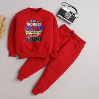 Unisex Full Sleeves Printed Warm Fleece Jacket & Joggers - Red