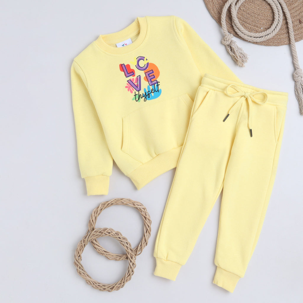 Unisex Full Sleeves Love Printed Warm Fleece Jacket & Joggers - Yellow