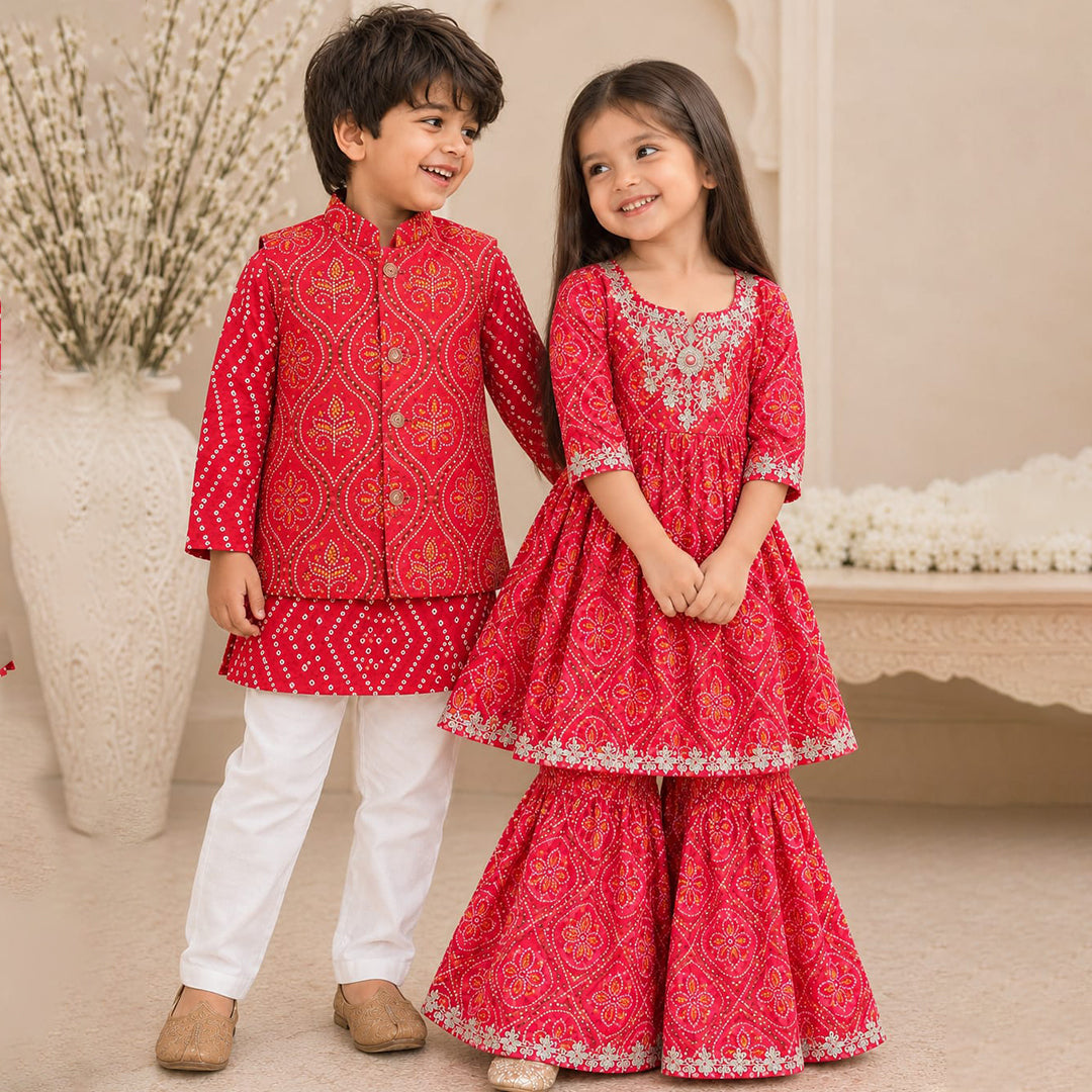 Red Bandhini Print Bundi Set with White Pyjama for Boys