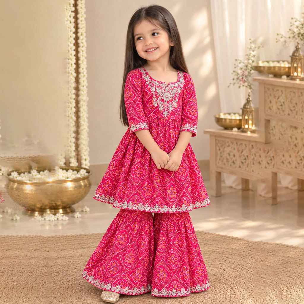 Red Bandhini Print Cotton Kurta Sharara Set for Girls