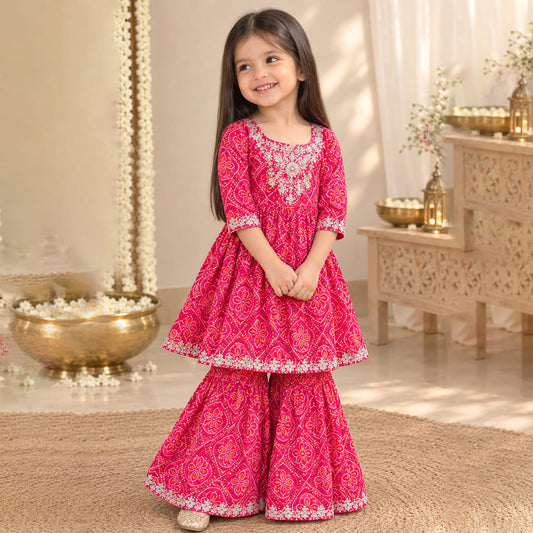 Red Bandhini Print Cotton Kurta Sharara Set for Girls