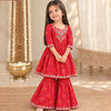 Red Bandhini Print Cotton Kurta Sharara Set for Girls