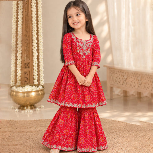 Red Bandhini Print Cotton Kurta Sharara Set for Girls