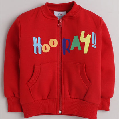 Unisex Full Sleeves Hooray Printed Warm Fleece Jacket & Joggers - Red