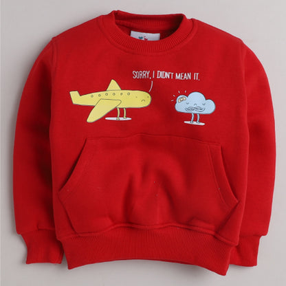 Unisex Full Sleeves Funny Plane Printed Warm Fleece Jacket & Joggers - Red