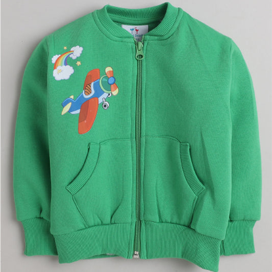 Unisex Full Sleeves Plane Printed Warm Fleece Jacket & Joggers - Green