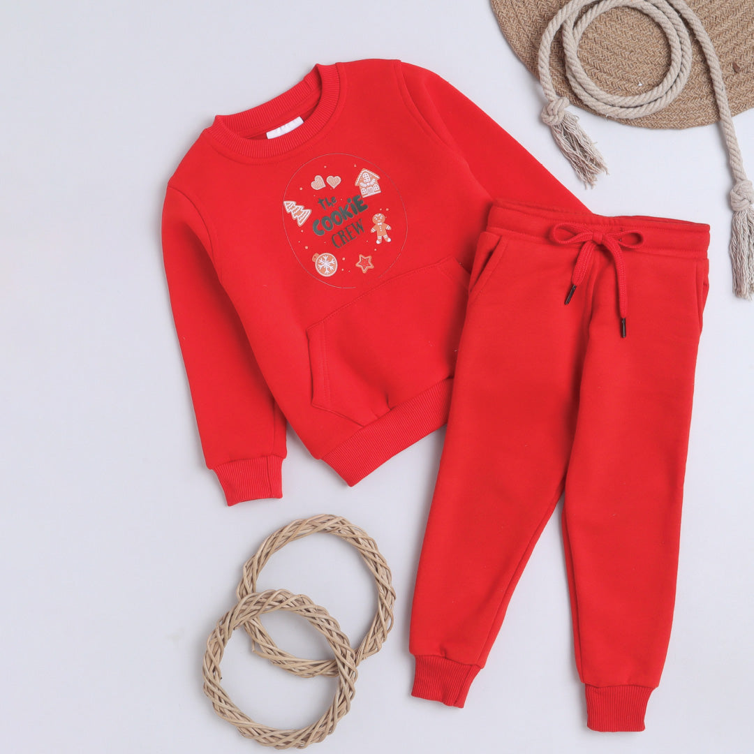 Unisex Full Sleeves Placement Embellished Warm Fleece Joggers Set - Red