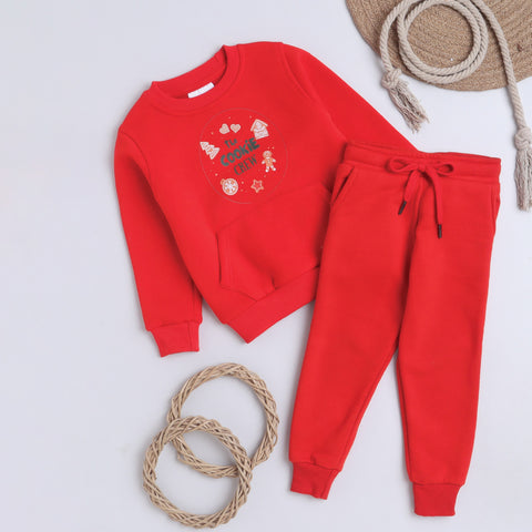 Unisex Full Sleeves Placement Embellished Warm Fleece Joggers Set - Red