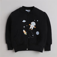 Unisex Full Sleeves Space Printed Warm Fleece Jacket & Joggers - Black