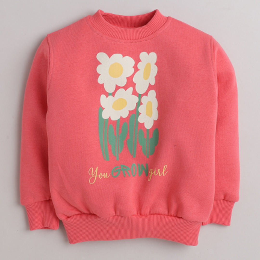 Girls Full Sleeves Flowers Printed Warm Fleece Jacket & Joggers - Rosy Pink