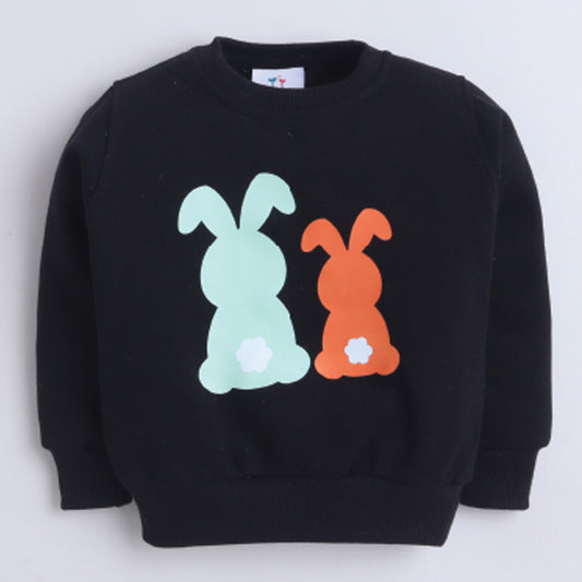 Unisex Full Sleeves Bunny Printed Warm Fleece Sweatshirt & Joggers - Black