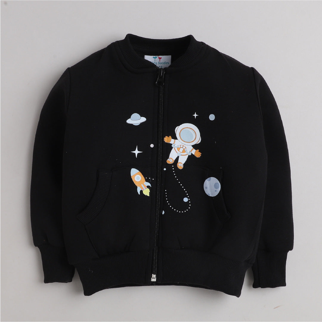 Unisex Full Sleeves Space Printed Jacket - Black