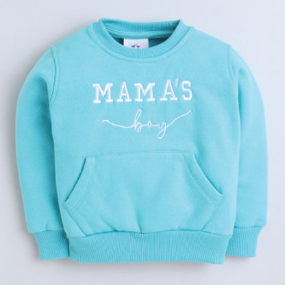 Unisex Full Sleeves Mama's Boy Printed Warm Fleece Sweatshirt & Joggers - Ocean Blue
