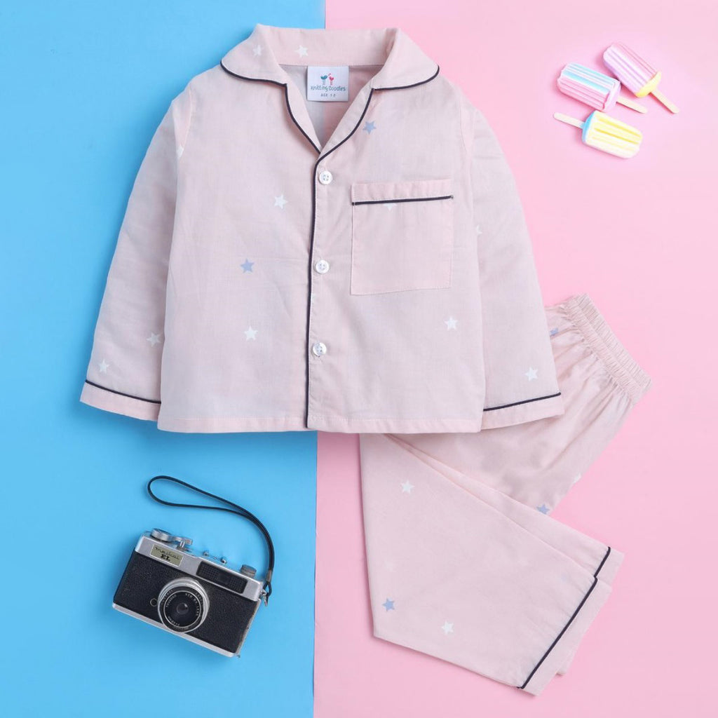 Light Pink Unisex Night Suit with Star Print