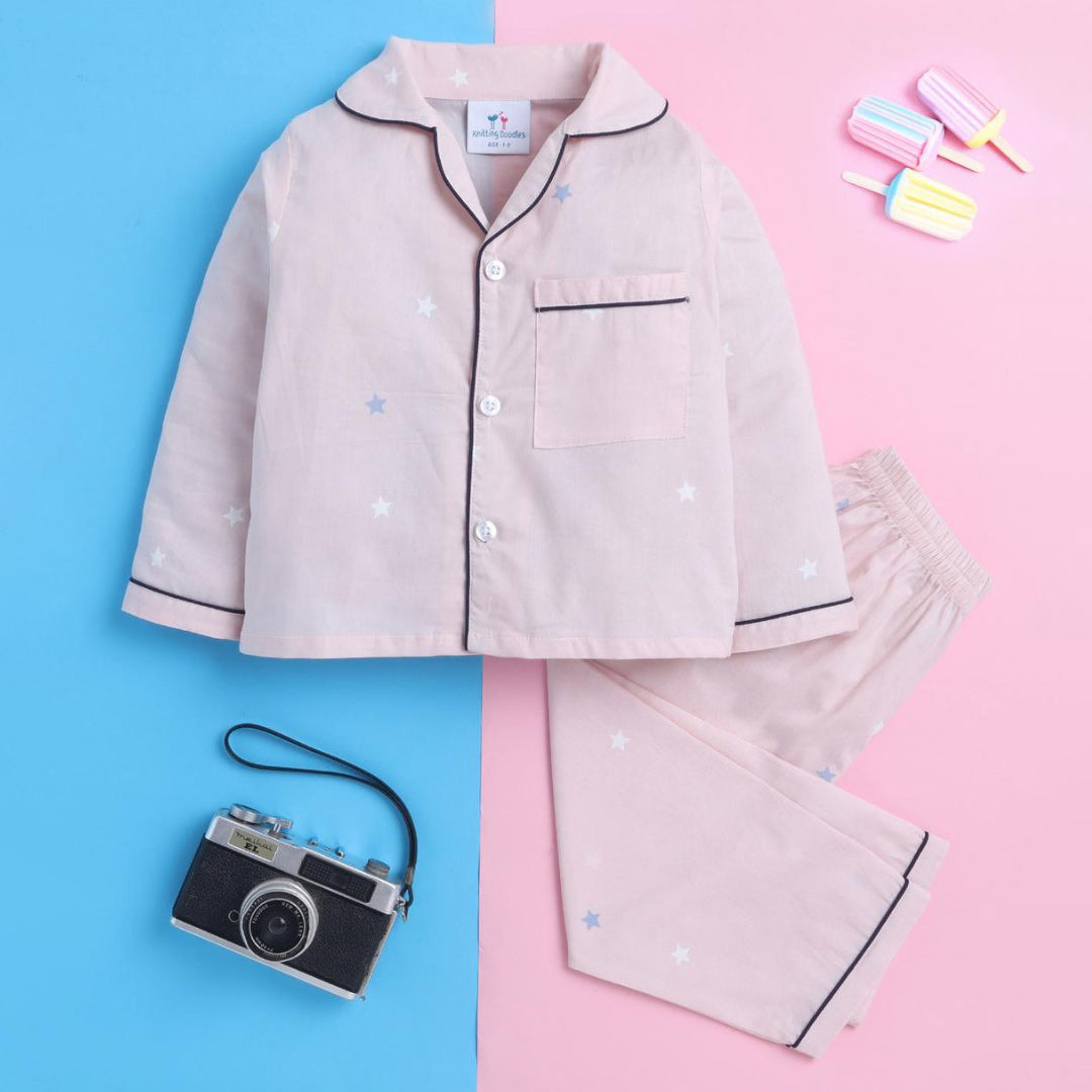 Light Pink Unisex Night Suit with Star Print
