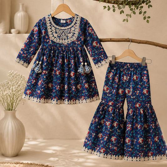 Sanganeri Print Cotton Kurta Sharara Set for Girls