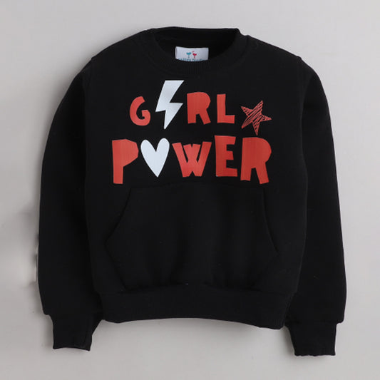 Girls Full Sleeves Girls Power Printed Warm Fleece Jacket & Joggers - Black