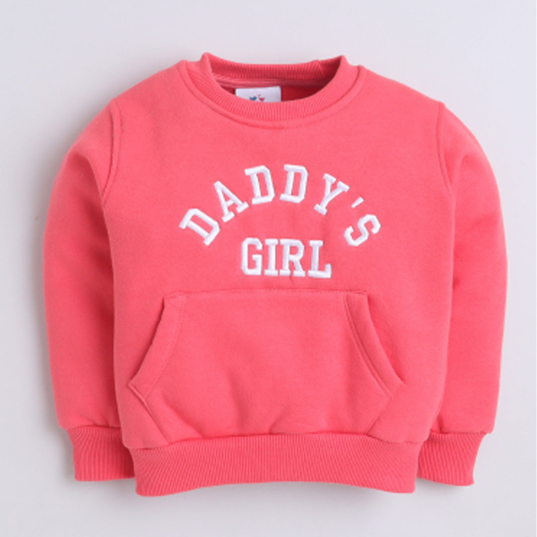 Girls Full Sleeves Daddy's Girl Printed Warm Fleece Jacket & Joggers - Rosy Pink