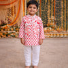 Light Red Motif Kurta with Bundi & White Pyjamas for Boys