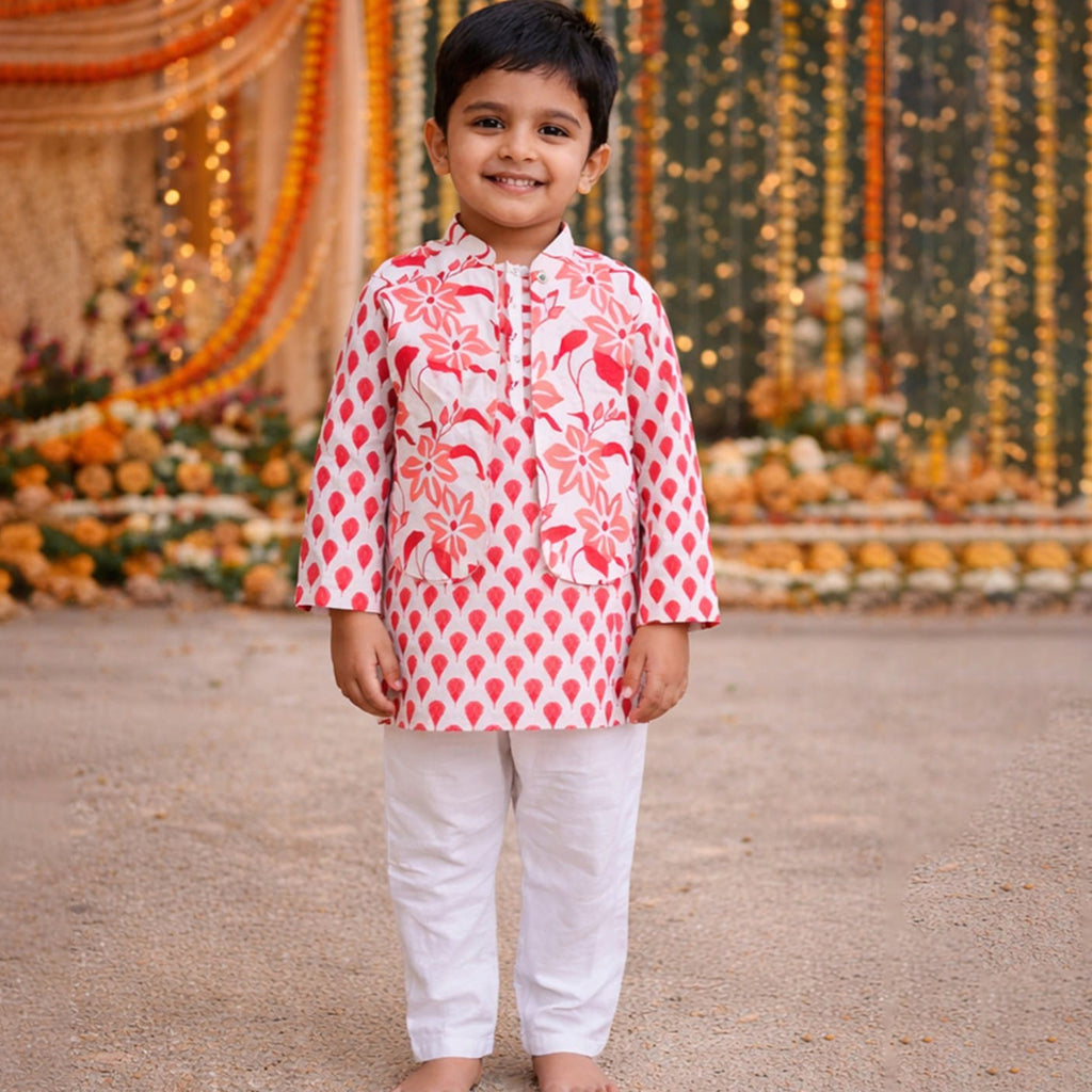 Light Red Motif Kurta with Bundi & White Pyjamas for Boys