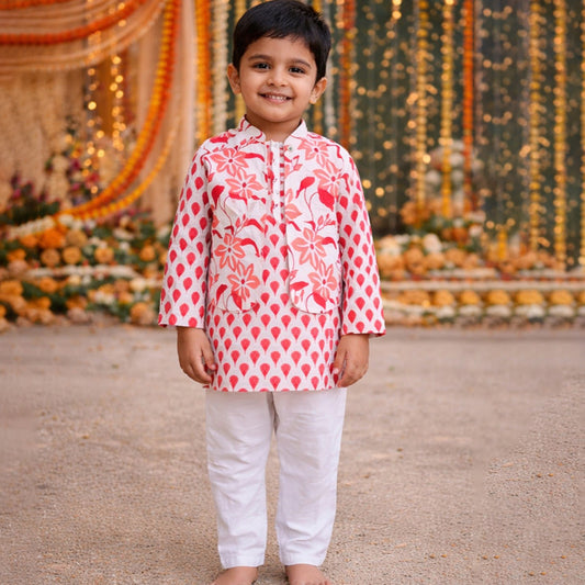 Light Red Motif Kurta with Bundi & White Pyjamas for Boys