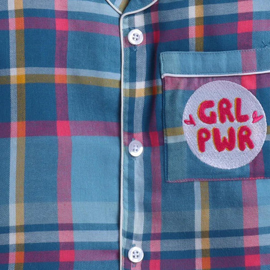 Unisex Checks Night Suit with Girl Power Embroidery On Pocket
