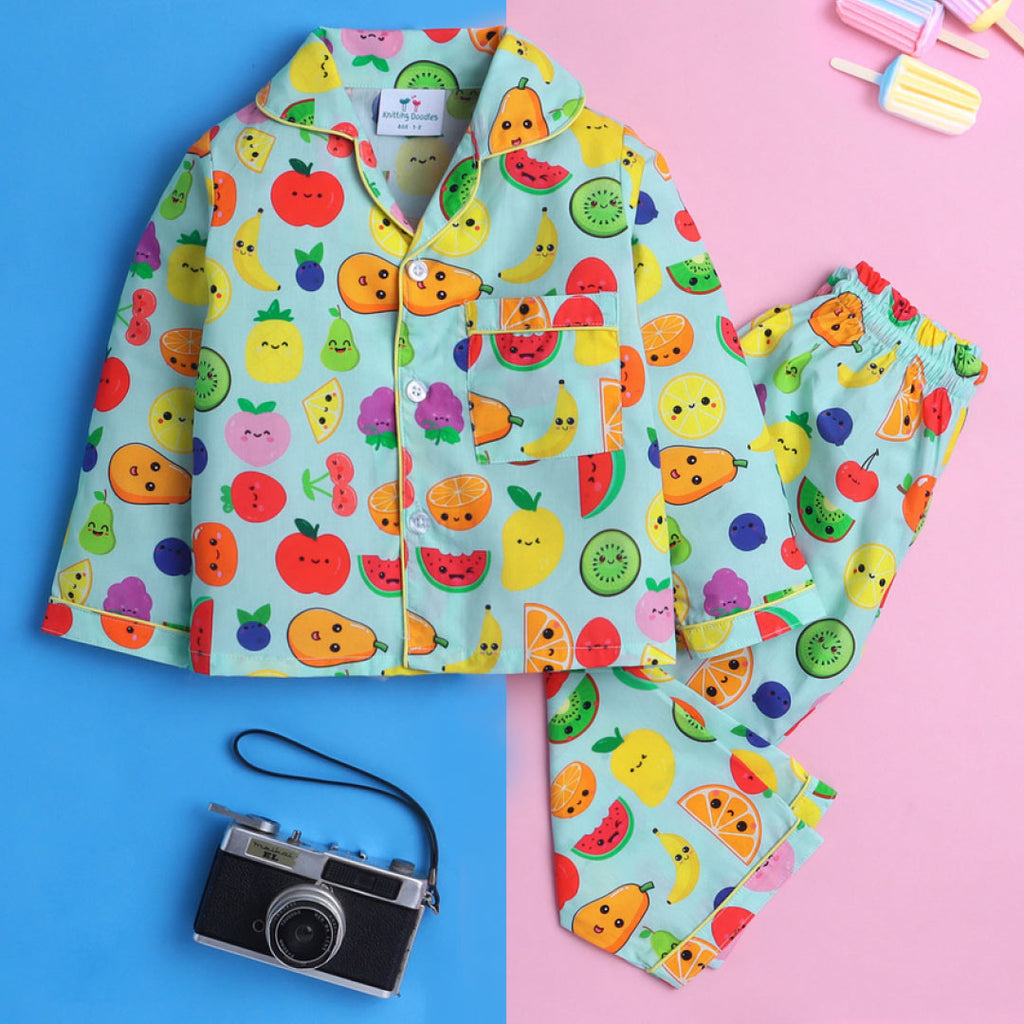 Light Blue Summer Fruits Theme Full sleeve Night Suit