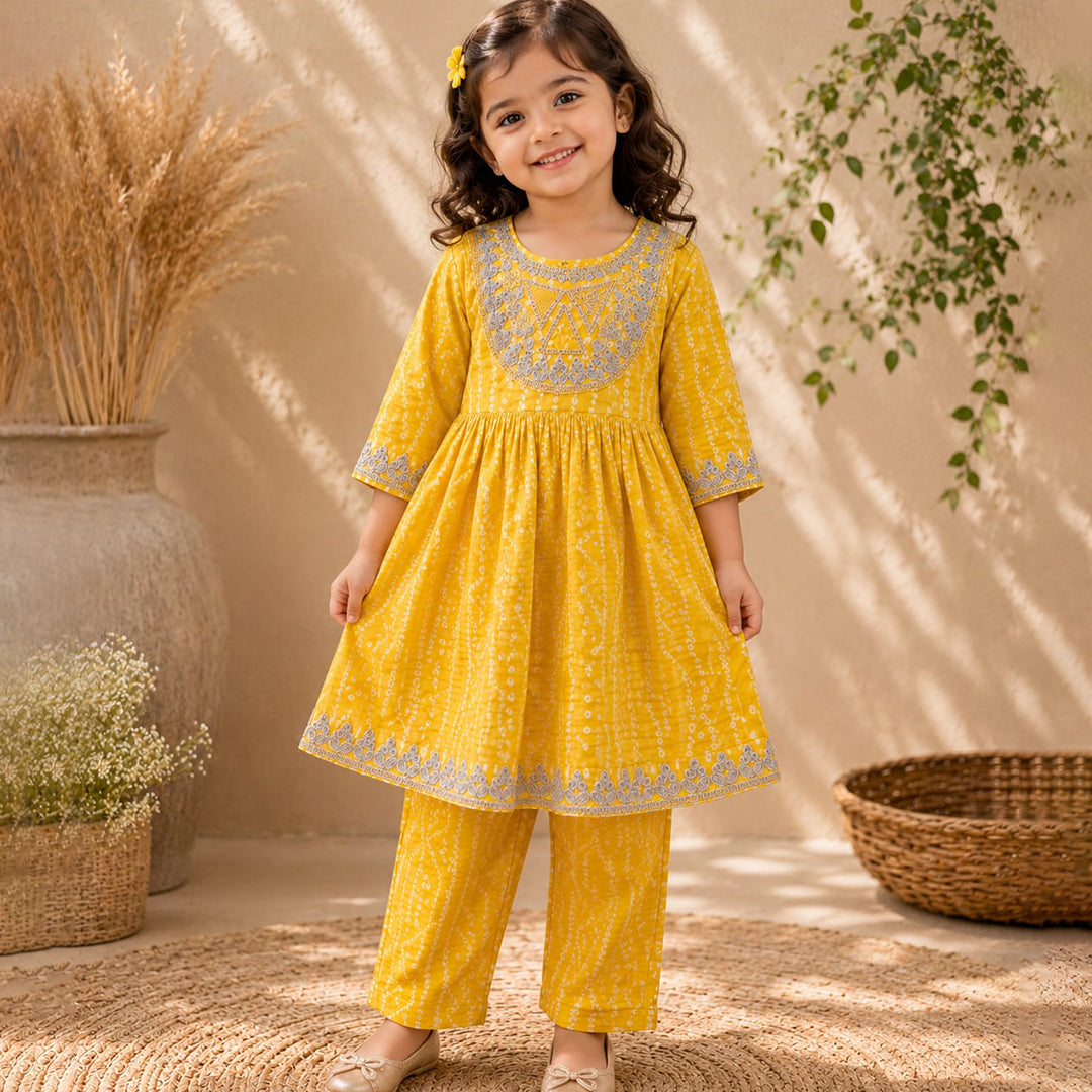 Yellow Bandhini Print Cotton Kurta Set for Girls