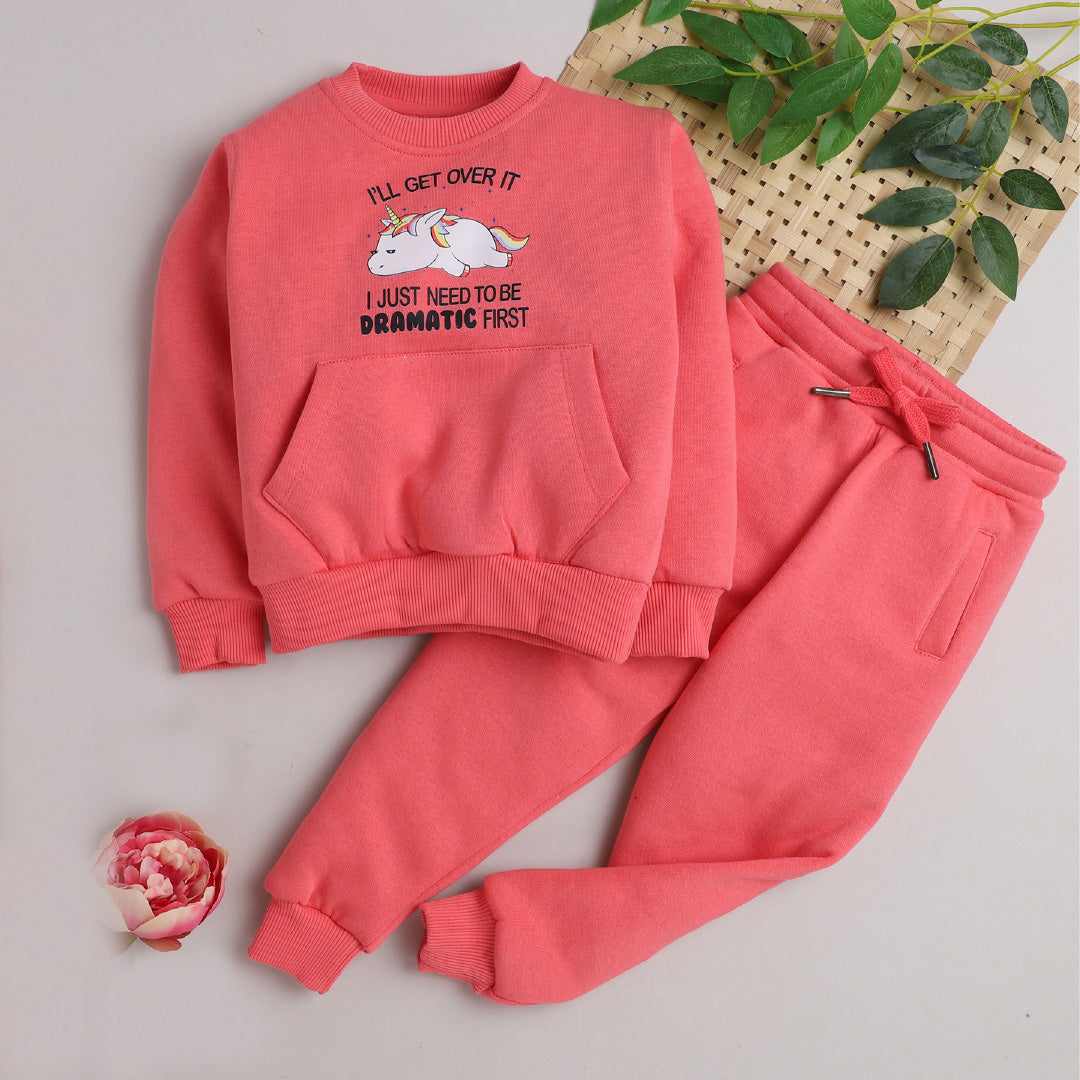 Unisex Full Sleeves Dramatic Printed Warm Fleece Jacket & Joggers - Rosy Pink