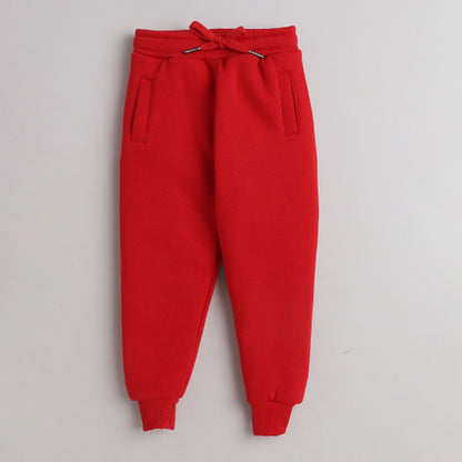 Unisex Full Sleeves Funny Plane Printed Warm Fleece Jacket & Joggers - Red