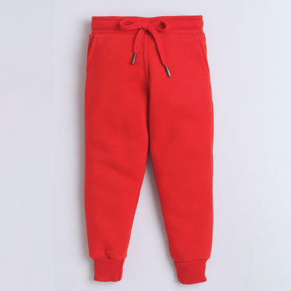 Unisex Full Sleeves Placement Embellished Warm Fleece Joggers Set - Red