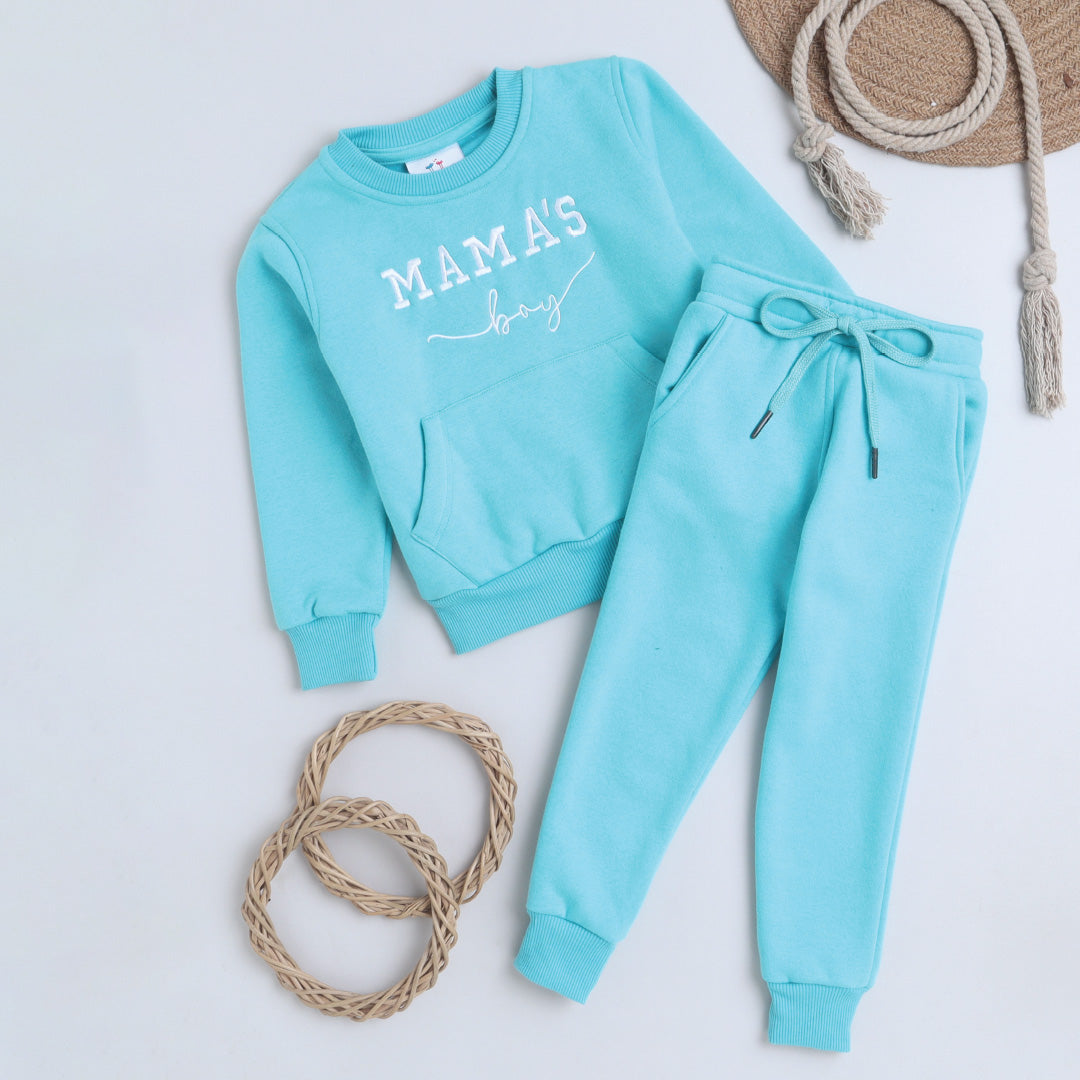 Unisex Full Sleeves Mama's Boy Printed Warm Fleece Sweatshirt & Joggers - Ocean Blue