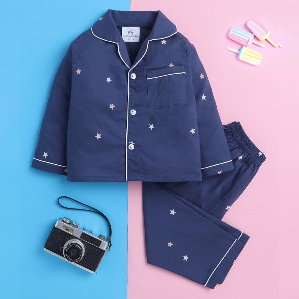 Navy Blue Unisex Night Suit with Star Print