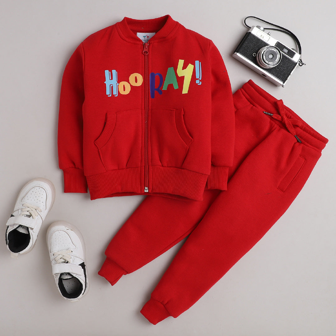 Unisex Full Sleeves Hooray Printed Warm Fleece Jacket & Joggers - Red
