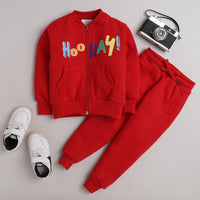 Unisex Full Sleeves Hooray Printed Warm Fleece Jacket & Joggers - Red