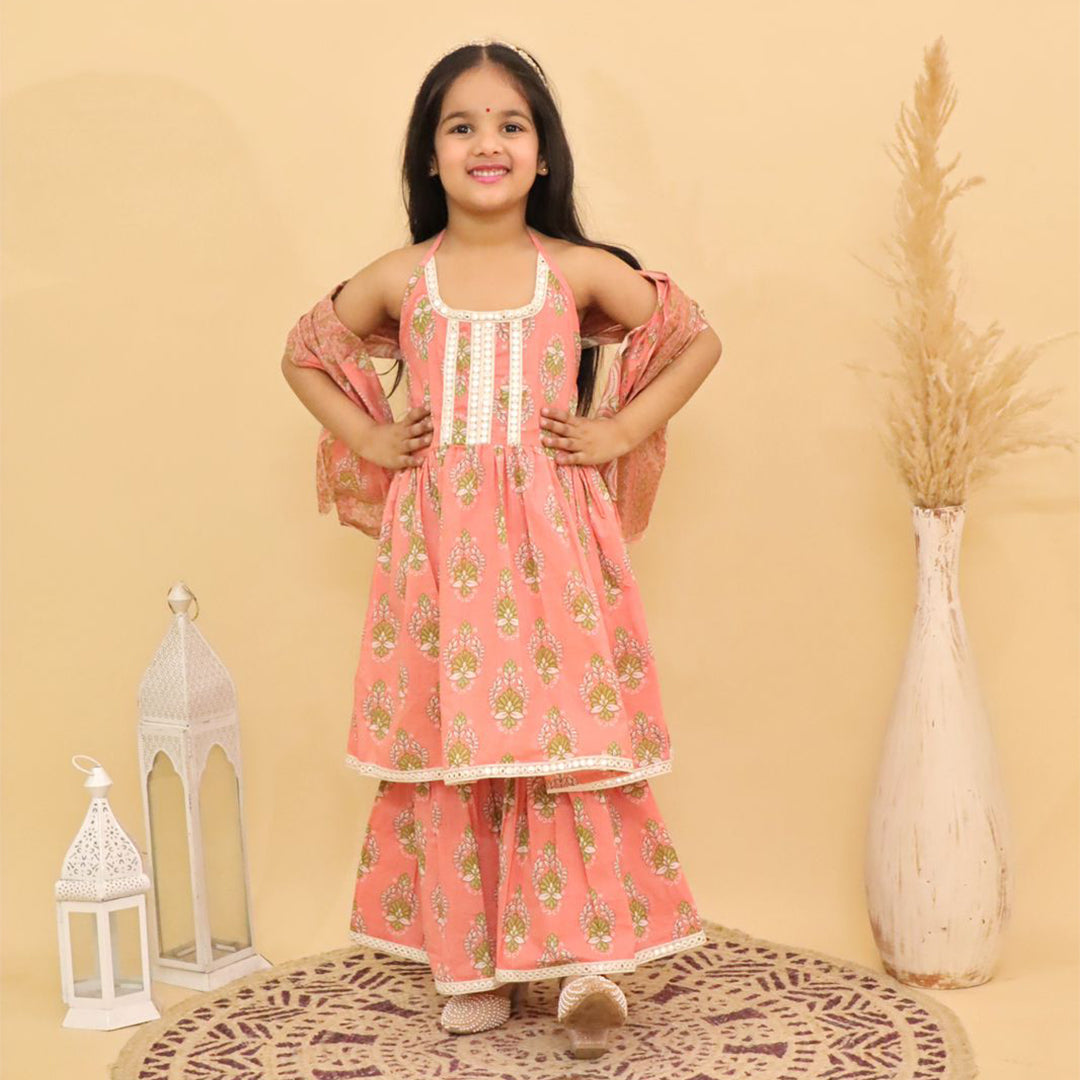 Peach Halter Sharara Set with Dupatta in Cotton