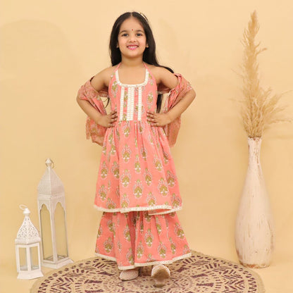 Peach Halter Sharara Set with Dupatta in Cotton