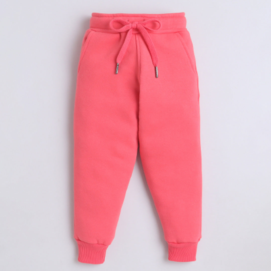 Girls Full Sleeves Daddy's Girl Printed Warm Fleece Jacket & Joggers - Rosy Pink