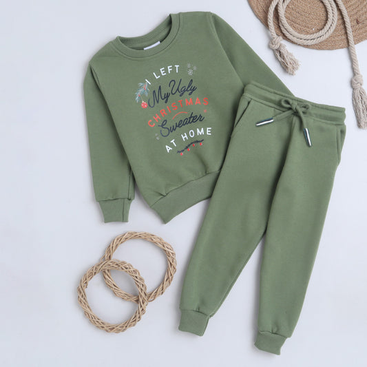 Unisex Full Sleeves Printed Warm Fleece Sweatshirt & Joggers - Sage
