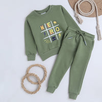 Unisex Full Sleeves Hero Printed Warm Fleece Sweatshirt & Joggers - Sage