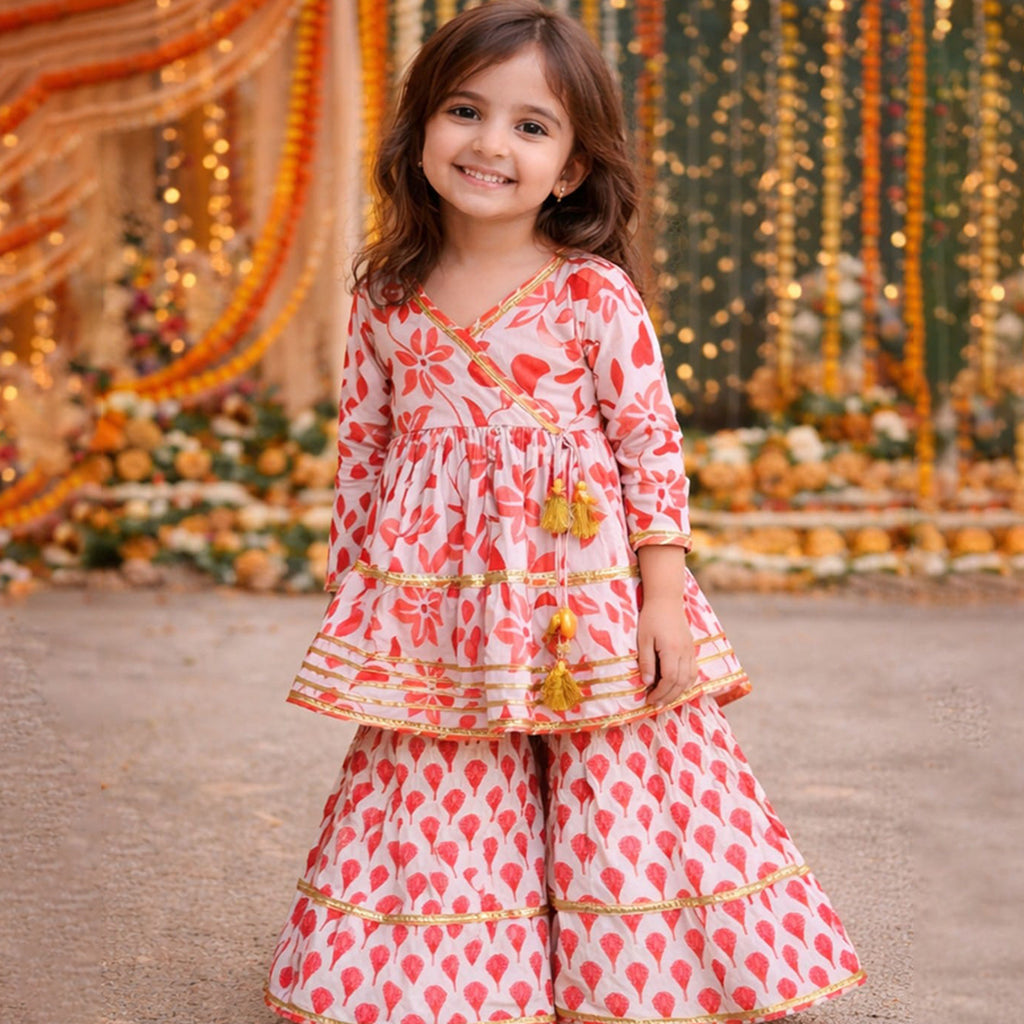 Floral Red Cotton Sharara Set for Girls