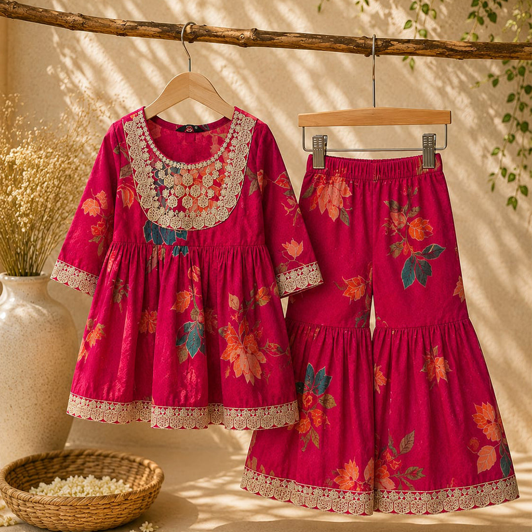 Floral Printed Muslin Cotton Sharara Set for Girls