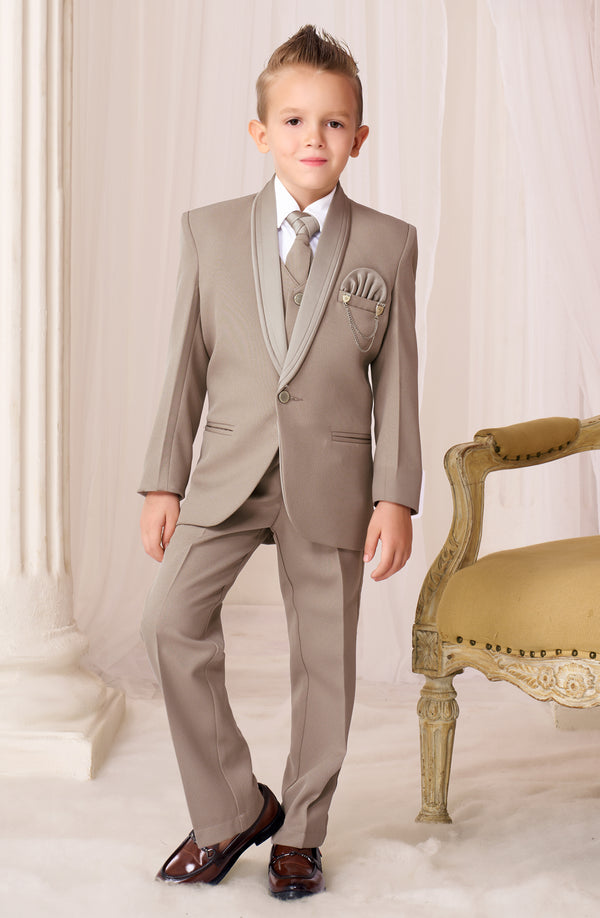 Boys Beige Formal Suit Set with Shirt, Tie & Brooch (5-Piece Set)