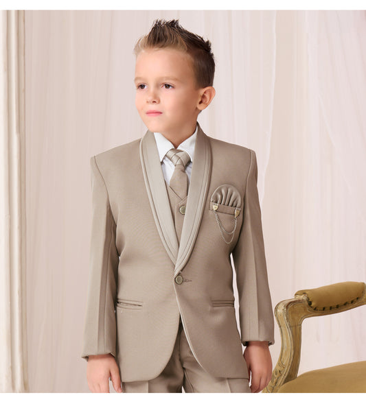Boys Beige Formal Suit Set with Shirt, Tie & Brooch (5-Piece Set)