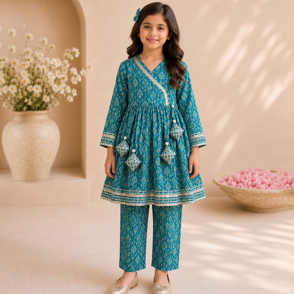 Ikkat Print Sea Green Cotton Kurta Set for Girls
