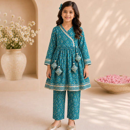 Ikkat Print Sea Green Cotton Kurta Set for Girls