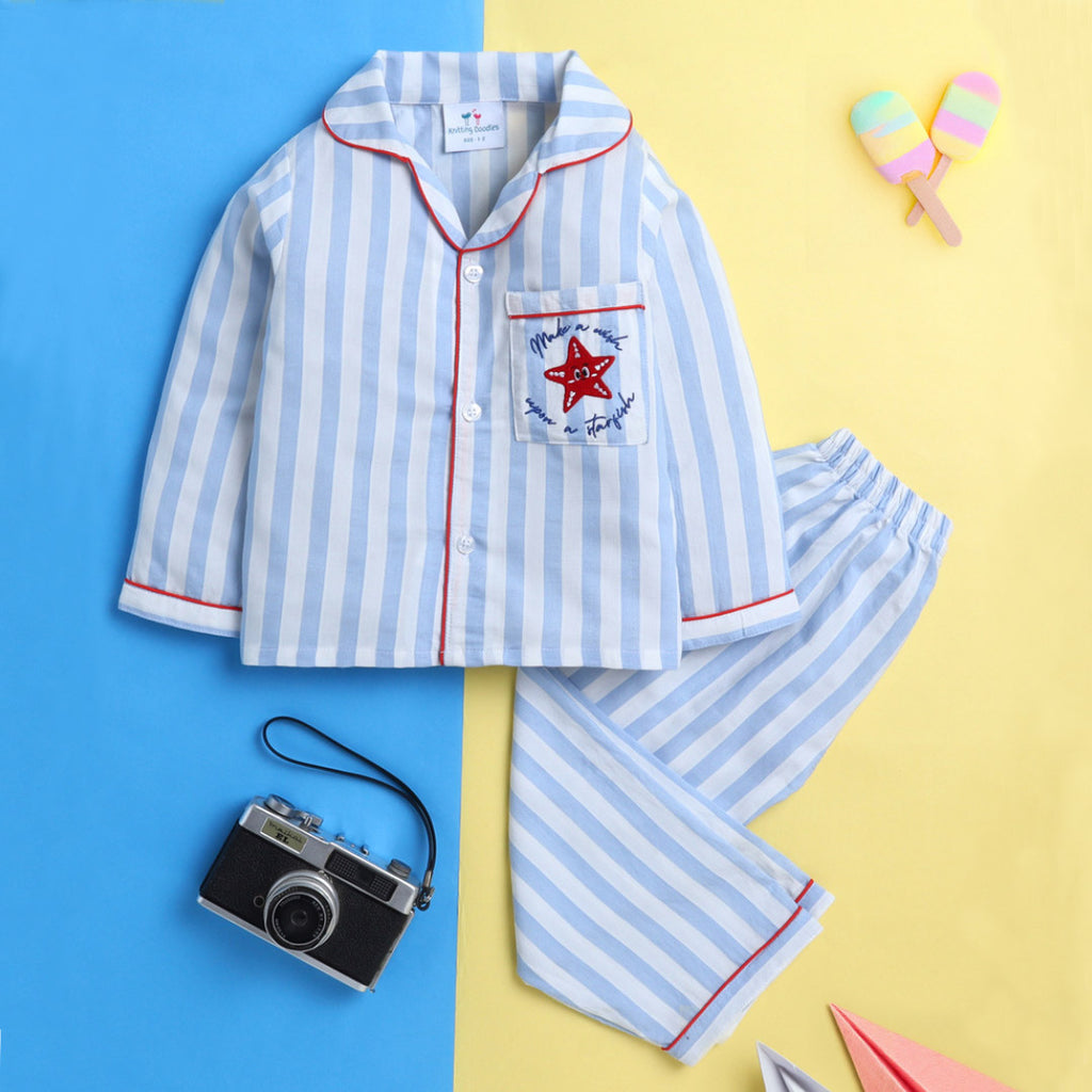 Unisex Night Suit with Red Star Embroidery On Pocket