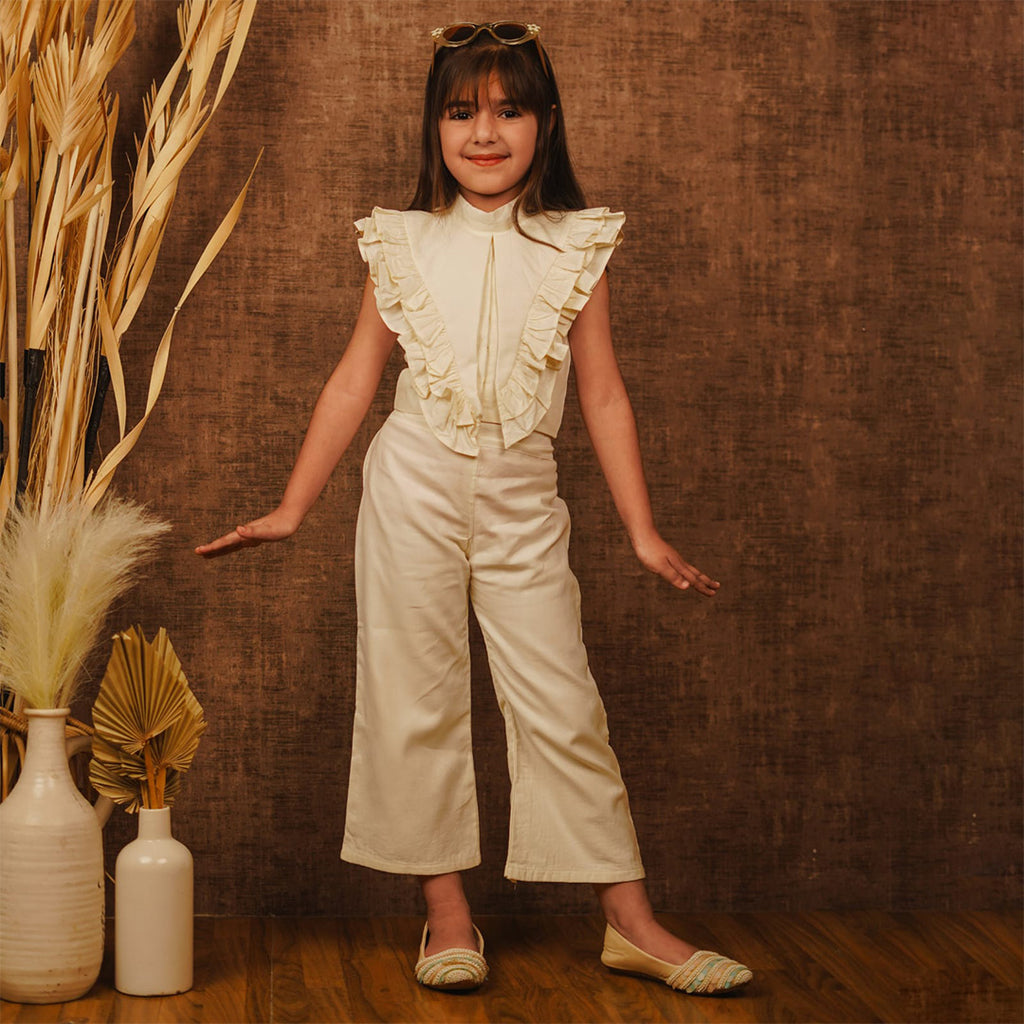 Ivory Giza Cotton Co-ord Set for Girls – Frilly Flap Top with Pants