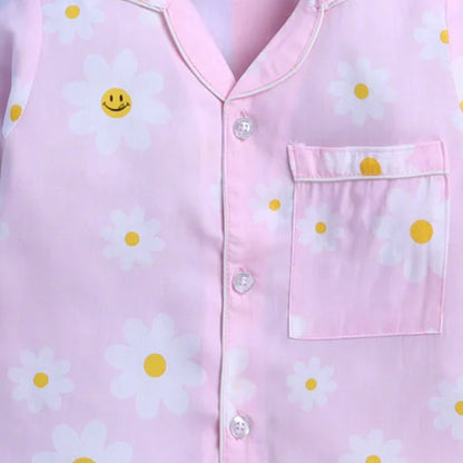 Pink Smiley Flower Theme Full Sleeve Night Suit
